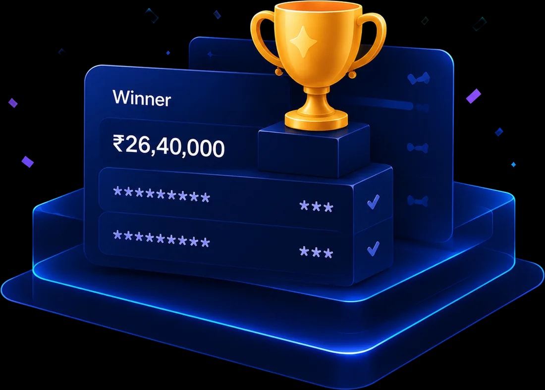 Isometric illustration of a winner card showing 26.4 lakh rupees with a gold trophy, masked bids ticked below