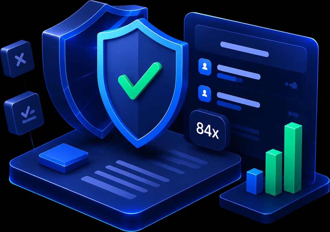 Isometric illustration of a shield with a green tick beside an evaluation scorecard and rising bar chart