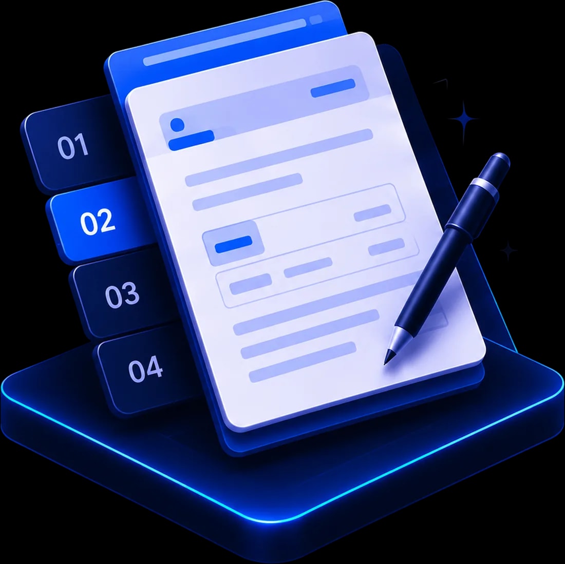 Isometric illustration of a DPR form assembling: numbered steps 01 to 04 beside a structured document with a pen
