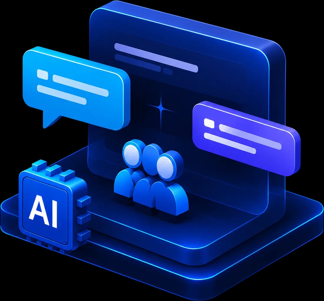 Isometric illustration of vendor query bubbles around a bidder group, with an AI chip answering