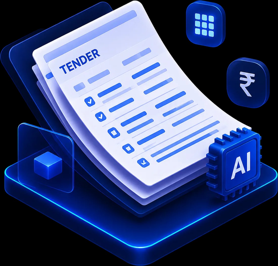 Isometric illustration of a tender document with checklist items, an AI chip, and a rupee symbol